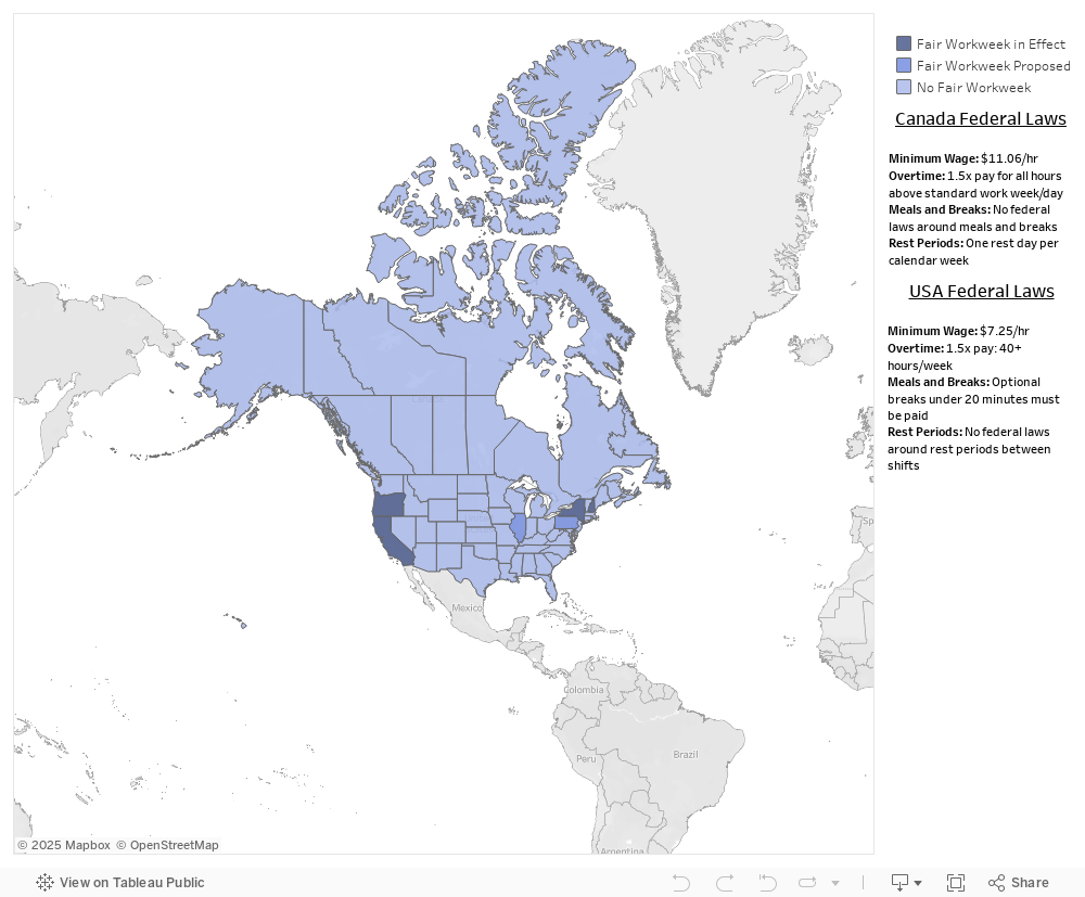 Map of states and provinces where Fair Workweek laws are in effect and proposed in the U.S. and Canada
