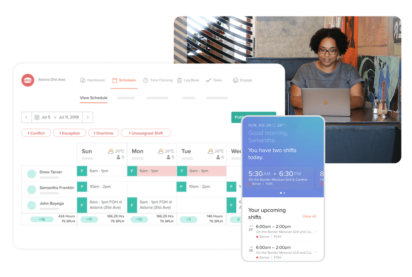 7shifts desktop and mobile interface collage with restaurant employee working on laptop.