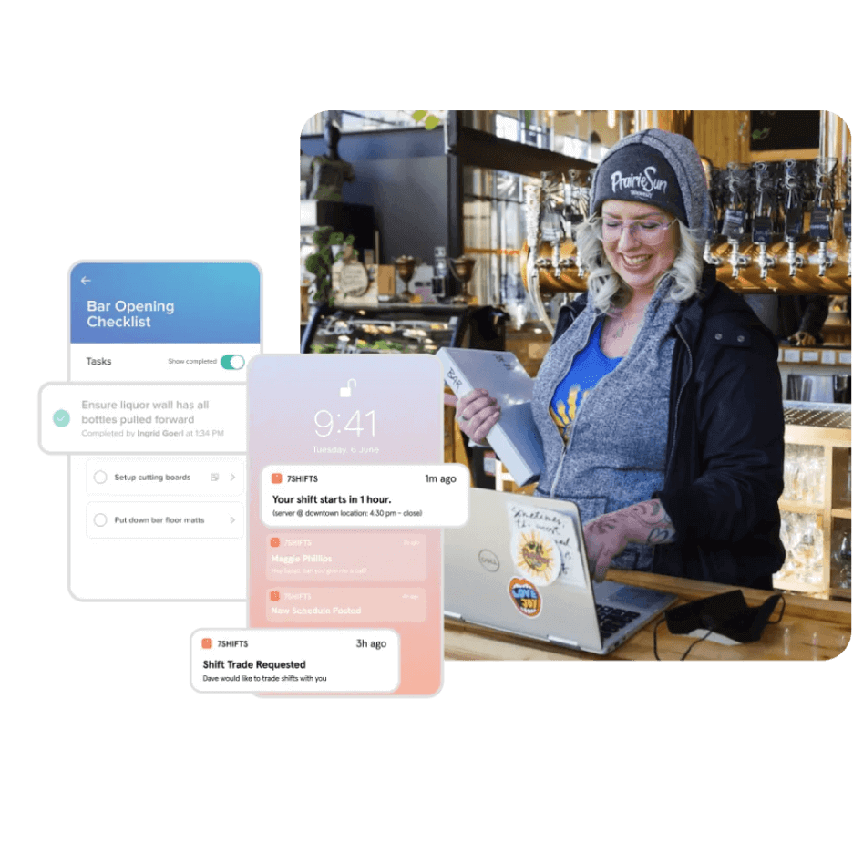 7shifts mobile product screens showing alerts and and opening checklist.