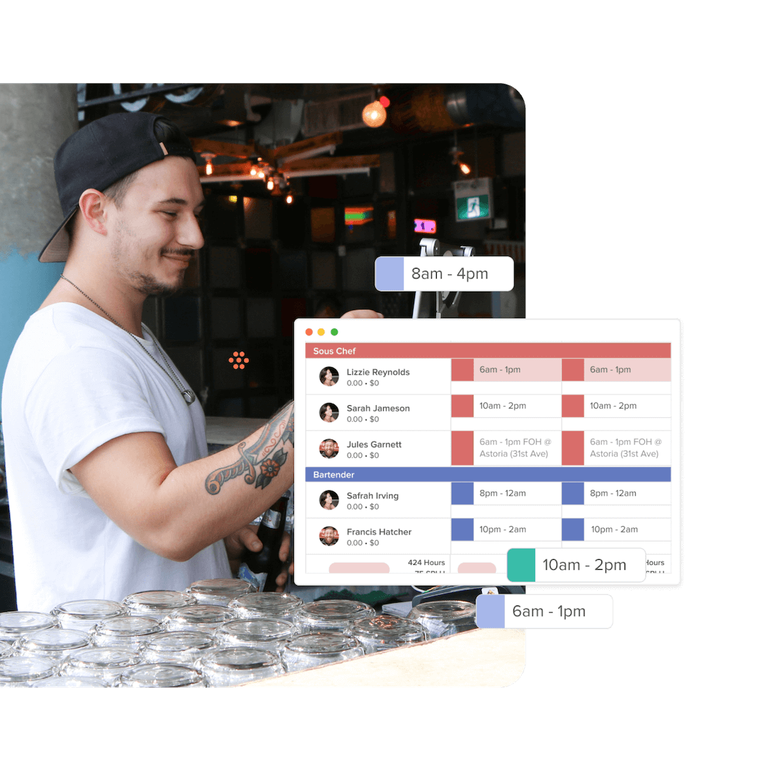 Employee punching in to start shift with an overlay of 7shift scheduling product screen.