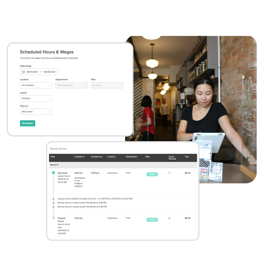 Image of a schedule in the 7shifts app with notifications and a graph